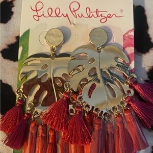 Lilly Pulitzer Frond Of You Palm Leaf Earrings w/ Dark Pink Tassels